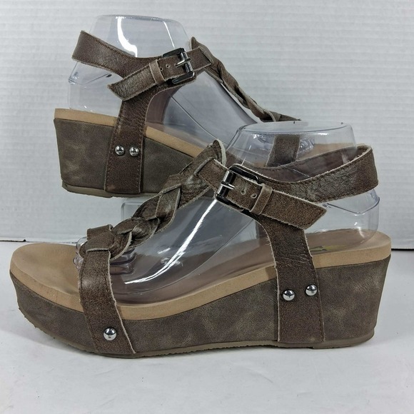 Volatile Shoes - Volatile Womens Brown Leather Braided T-Strap Wedge Platform Sandals Size 10